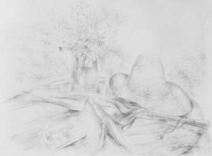 日傘、本、帽子、花瓶のアレンジメント。 作： Luc Albert Moreau