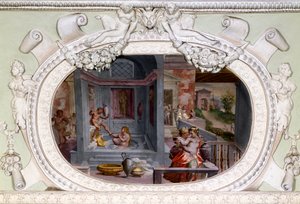 浴場、誘惑の場面。ルカ・カンビアソ（1527-1585）のフレスコ画