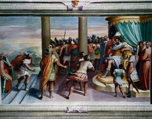 サビーンの強姦』（16世紀）ルカ・カンビアソ（1527-1585）作、フレスコ画、ヴィラ・インペリアーレ、ジェノバ、リグーリア、イタリア 詳細 作： Luca Cambiaso