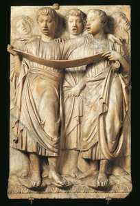 歌う子供たち、ルカ・デッラ・ロッビア（約1400～1481年）のカントリア（聖歌隊の回廊）の細部、大理石、フィレンツェのサンタ・マリア・デル・フィオーレ大聖堂のためのレリーフ 作： Luca Della Robbia