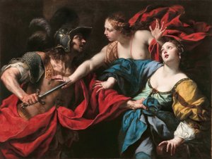 息子のアイネアスがトロイのヘレンを殺すのを阻止するヴィーナス 作： ルカ・フェラーリ