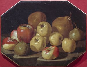 ルカ・フォルテ（1610-1670）の油彩画「りんごと梨のある静物」。 作： Luca Forte