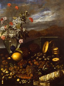 ドライ フルーツ、花、風景のある静物、ルカ フォルテ (1610-1670) 作： Luca Forte