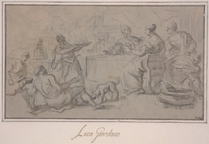 金持ちの宴会（紙にグラファイトと水墨画） 作： Luca Giordano