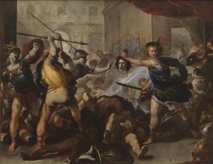 1680年代初頭、フィニアスとその追随者を石に変えたペルセウス 作： Luca Giordano