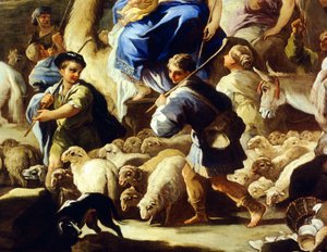 羊と羊飼い、レベッカのカナンへの出発の詳細、ルカ・ジョルダーノ（1634-1705）作、銅に油彩、59x85 cm 作： Luca Giordano