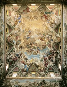 壮大な階段の上の天井からのセレスティアルグローリーとハプスブルク家の勝利 作： Luca Giordano