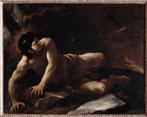 誘惑を避けるために荊棘に身を投じる聖ベネディクトの誘惑） 絵画：ルカ・ジョルダーノ（1634-1705） イタリア・モンテカッシーノ修道院博物館 作： Luca Giordano