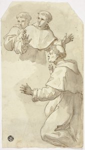 驚いた3人の僧侶、1人は土下座、2人は立ったまま 作： Luca Giordano