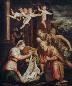 羊飼いの崇拝、ルカ・ロンギ（1507-1580）作、木に油彩 作： Luca Longhi