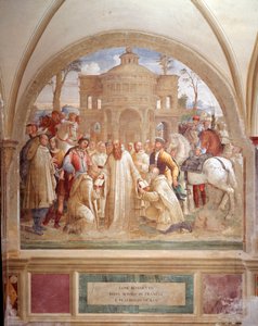 Benedict sends Maurus in France and Placid in Sicily (ベネディクトがフランスにマウルスを送り、シチリアにプラシッドを送る) ルカ・シニョレッリが作った回廊のフレスコ画には、ベネディクト修道会の創設者である聖ベネディクト・オブ・ヌルシー（480 - 567）の生涯が描かれている 1497年～。 作： Luca Signorelli