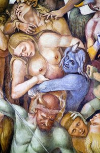 地獄の呪われた者たち」（「最後の審判」フレスコ画より、青鬼の姿をしたルカ・シニョレッリの自画像を含む部分