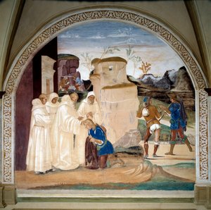 ヌルシーの聖ベネディクト（480〜547年頃）の生涯。"Benedict admonishes the brother of monk Valerian who has broken his fast" (ベネディクトは断食を破った修道士バレリアンの弟をどのように諭すか) ルカ・シニョレッリ(ca. 1445-15)が制作した回廊のフレスコ画。 作： Luca Signorelli