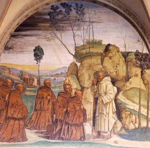 聖ベネディクトの物語」、シエナのモンテ・オリヴェートの聖ベネディクトの回廊にあるルカ・シニョレッリ（1445年頃～1523年）のフレスコ画、詳細