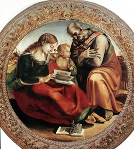 The Holy Family」です。ルカ・シニョレッリ（1450-1523）の絵画、1495年頃。トンドです。油彩・キャンバス直径：124cmフィレンツェ、ウフィツィ美術館（フィレンツェ、ウフィツィ美術館 作： Luca Signorelli