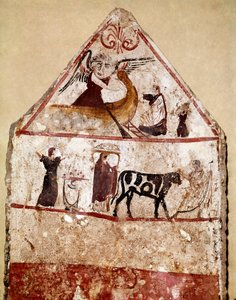犠牲の祭壇に先導する雄牛。イタリア、パエストゥムのアンドリウオロのネクロポリスから出土した紀元前4世紀のルカニアのフレスコ画。イタリア国立考古学博物館、パエストゥム