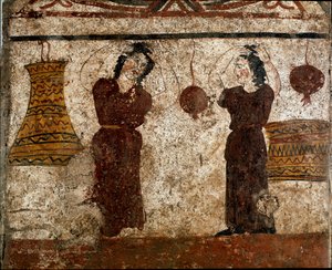 葬儀中の踊り子たち イタリア、パエストゥムのネクロポリスから出土した紀元前4世紀のルカ人のフレスコ画。パエストゥム国立考古学博物館蔵