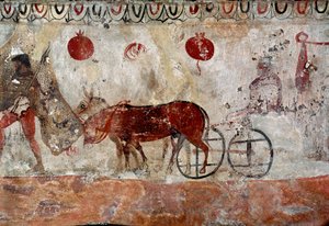 群れの管理人と2頭のロバ イタリア、パエストゥムのネクロポリスから出土した紀元前4世紀のルカン人のフレスコ画。パエストゥム国立考古学博物館蔵 作： Lucanian School
