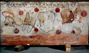 騎手とその鎧 イタリア、パエストゥムのネクロポリスから出土した紀元前4世紀のルカ人のフレスコ画。イタリア国立考古学博物館（パエストゥム 作： Lucanian School