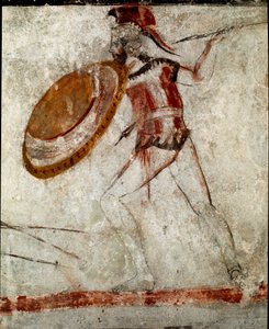 槍と盾を持った戦士 イタリア・パエストゥム遺跡「騎馬民族の墓」出土の紀元前4世紀のルカニア人のフレスコ画。イタリア国立考古学博物館、パエストゥム 作： Lucanian School