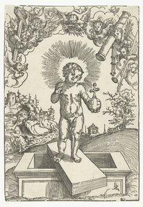 情熱の道具を持った天使たちに囲まれた救世主としての幼子キリスト 作： Lucas Cranach