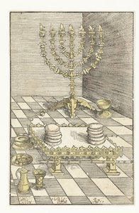 七本腕の燭台と供えのパンのあるテーブル 作： Lucas Cranach