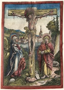 処女と聖ヨハネの間の十字架上のキリスト 作： Lucas Cranach