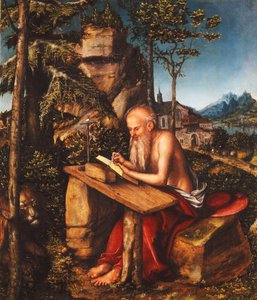 岩の多い風景の中の聖ジェロームの執筆、1515年 作： Lucas Cranach