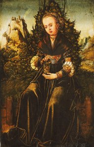 セントメアリーマグダレンは山岳風景の草原の縁に座って、 作： Lucas Cranach