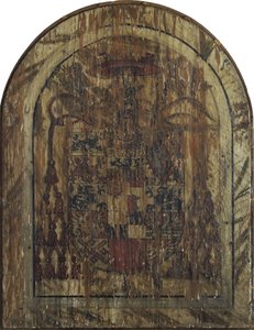 プフィルシャー祭壇画：悲しみの人としてのキリスト、聖母と聖ヨハネの間の石棺に座る［中央パネル］ 作： ルーカス・クラナッハ・ザ・エルダー
