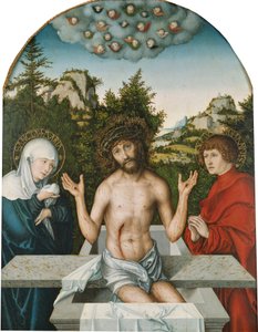 プフィルシャー祭壇画：悲しみの人としてのキリスト、聖母と聖ヨハネの間の石棺に座る［中央パネル］ 作： ルーカス・クラナッハ・ザ・エルダー