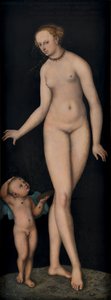 黒い背景に対して蜂蜜泥棒としてキューピッドと金星 作： Lucas Cranach the Elder