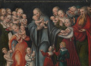 子供たちを祝福するキリスト、ca。 1545-50。 作： Lucas Cranach the Younger