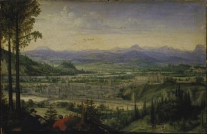 前景に芸術家の絵が描かれたリンツの眺め、1593年。 作： Lucas Valckenborch van