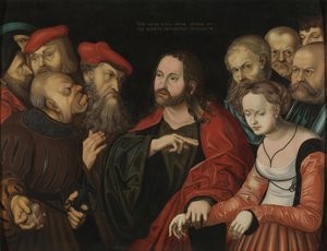 キリストと姦淫に巻き込まれた女性、1700年頃（木に油彩） 作： Lucas the Elder (after) Cranach