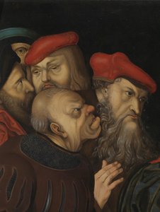 キリストと姦通に連れて行かれた女性、詳細、1700年頃（木に油彩） 作： Lucas the Elder (after) Cranach