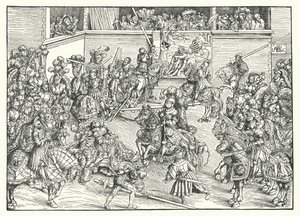 サムソンとライオンのタペストリーがある大会（彫刻 作： Lucas the Elder (after) Cranach