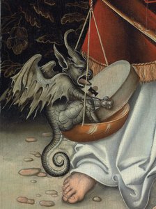 正義の鱗を持った大天使ミカエル（詳細）（パネルに油彩） 作： Lucas the Elder (workshop of) Cranach