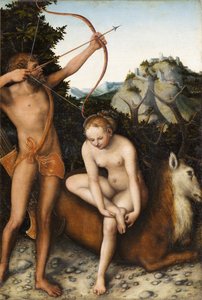"アポロとディアナ" ルーカス・クラナッハ（1472-1553）の絵画 1530年頃 ぼんやり 45x31 cm ベルギー王立美術館（ブリュッセル 作： Lucas the Elder Cranach