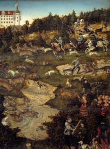 トルガウ城（ドイツ）でのシャルル5世を讃えるハンティング。詳細ルーカス・クラナッハ（1472-1553）による絵画 作： Lucas the Elder Cranach