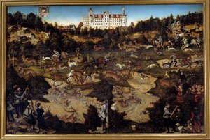 トルガウ城（ドイツ）でのシャルル5世の名誉のための狩猟。ルーカス・クラナッハ(1472-1553)による絵画 作： Lucas the Elder Cranach