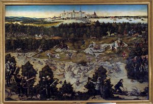 ドイツ・トルガウ城でのシャルル5世のための狩猟 ルーカス・クラナッハ（1472-1553）による絵画 1544年。マドリードプラド美術館 - ドイツのトルガウ城でのシャルル5世を讃える狩り。ルーカス・クラナッハ（1472-1553）による絵画、1544年。P 作： Lucas the Elder Cranach