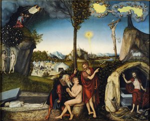 La loi et la grace - Law and Grace - Cranach, Lucas, the Elder (1472-1553) - 1529 - パネルにテンペラ - 72x88,5 - ナショナル ギャラリー、プラハ 作： Lucas the Elder Cranach