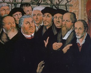 マルティン・ルターと宗教改革の代表者たち、右にメランヒトン、中央にロッテルダムのエラスムス、ルーカス・クラナッハ・エルダー（1472-1553）の絵画「ラザロの復活」の細部