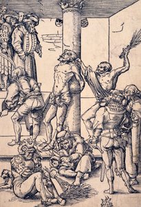 ルーカス・クラナッハ（1472-1553）による木版画「キリストの受難：鞭打ち」。 作： Lucas the Elder Cranach