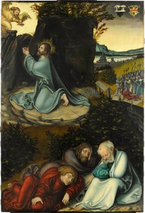 クラナッハ、ルーカス、ザ・エルダー（1472-1553）による「庭園の苦悩」。木に油彩、1540年頃。寸法86,5x58,5 cm。デュッセルドルフ、クンストパラスト美術館 作： Lucas the Elder Cranach