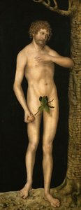 人間の堕落。ルーカス・クラナッハ（1472-1553）の作品。木に油彩、約1510-1520年。寸法：137x54cm。ヴィエンヌ美術史博物館 作： Lucas the Elder Cranach