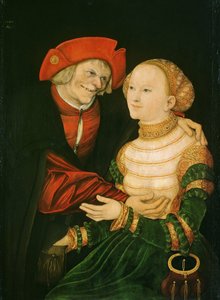 不釣り合いなカップル - ルーカス・クラナッハ長老（1472-1553）の絵画 - 1522 - 木に油彩 - 84,5x63 - Szepmuveszeti Muzeum, Budapest 作： Lucas the Elder Cranach