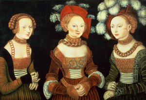 ザクセンの3人の王女、シビラ（1515-92）、エミリア（1516-91）、シドニア（1518-75）、フロムメン公ハインリヒの娘、1535年頃（パネル） 作： Lucas the Elder Cranach