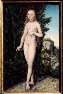風景の中に立つヴィーナス ルーカス・クラナッハ（1472-1553）の絵画 1529年 木に油彩 寸胴0.38x0.25 m - 風景の中に立つヴィーナス。ルーカス・クラナッハ（1472-1553）の絵画
